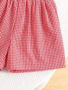 SHEIN LMoss Kids 2pcs/Set Tween Girls' Red Casual Comfortable Round Neck Ruffle Blouse And Pants Set - Red and White - View 5