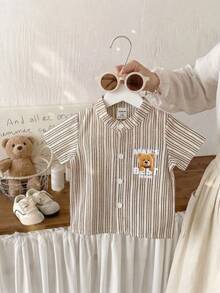 6-36个月婴幼儿男女通用卡其色条纹小熊印花短袖衬衫，男婴/女婴休闲夏季服装 - 卡其色 - 查看 3