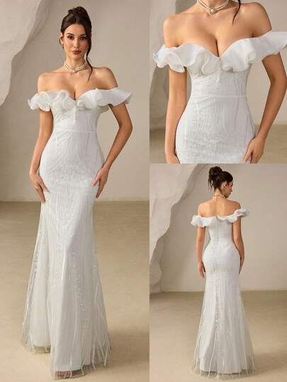 Poshira Elegant Embroidered Organza Mermaid Hem Design Wedding Dress, Suitable For Birthday Party, Graduation Ceremony
