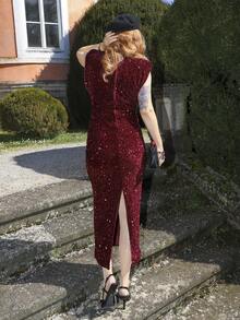 Gretanique Vestido largo de mujer con lentejuelas de hombros exagerados, hebilla de metal hueca y cinturón de terciopelo lujoso para fiesta - Burdeos - Ver 2