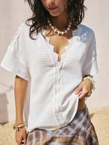 SoleilVie Camiseta holgada de mujer con cuello en V, mangas de murciélago y parches de encaje en textura de lino, estilo bohemio - Blanco - Ver 5