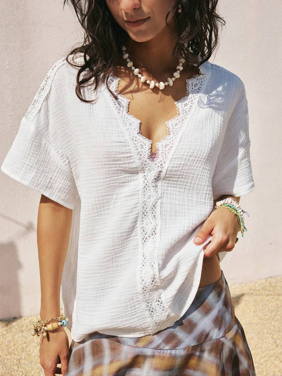 SoleilVie 女士亚麻纹理蕾丝拼接V领蝙蝠袖宽松T恤，波西米亚风格 - 白色 - 查看 1