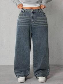 SHEIN ICON Plus Size Casual Washed Loose Wide-Leg Jeans - Dusty Blue - View 1