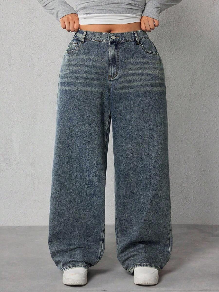 SHEIN ICON Plus Size Casual Washed Loose Wide-Leg Jeans - Dusty Blue - View 1