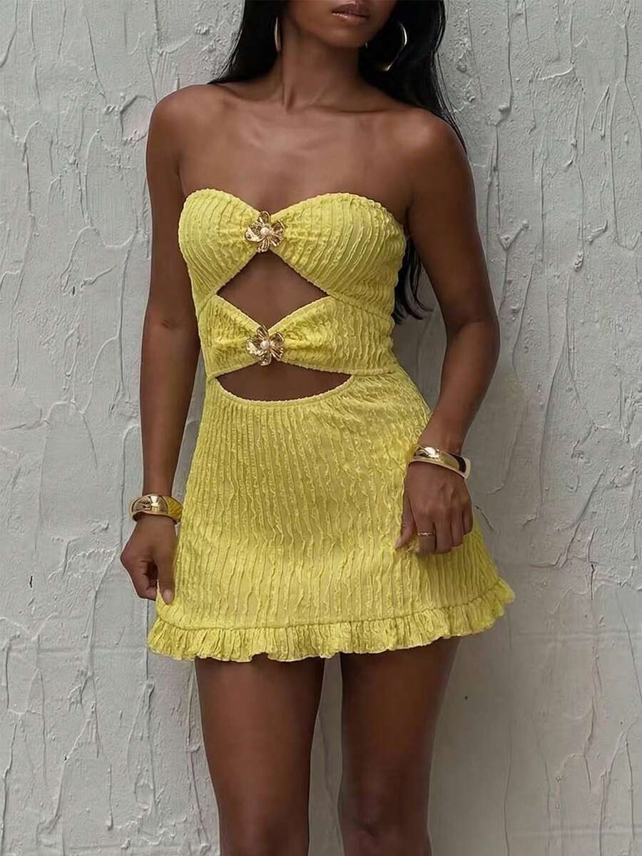 Mistrie Yellow,Summer,70s,Party Ms. Strapless Sleeveless Textured Fabric Metal Flower Decoration Mini Short Tight Dress,Slim Fit Vacation Beach Dress - Yellow - View 1