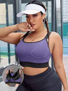 Rhythm Era Plus Size Contrast Binding Crisscross Back Sports Bra,Sewn-In Non-Removable Pads,High Support Racerback Athletic Bras For Women Black,Summer,Pilates - Mauve Purple - View 3
