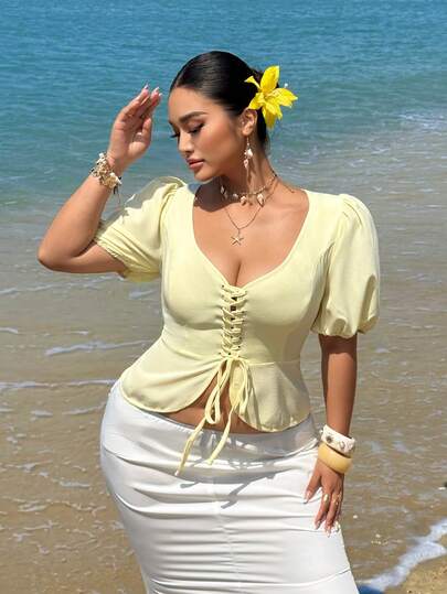 Sunnyshic 女士短袖泡泡袖系带纹理面料甜心领衬衫，时尚度假休闲别致精致黄色日常穿着加大码法式衬衫