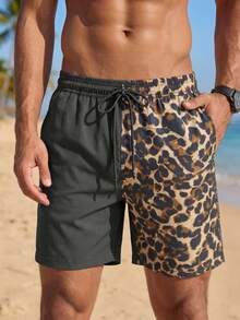 VIVINTIMO Men's Leopard Print Patch Pocket Drawstring Waist Beach Shorts, Suitable For Summer Men Swim Wear - Multicolor - View 1