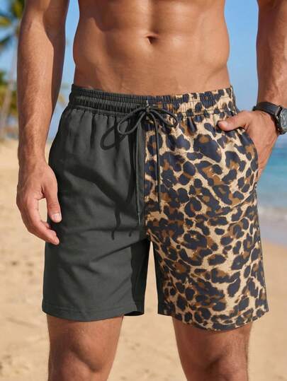 Zalmeno 男士豹纹贴袋抽绳腰沙滩短裤，适合夏季男士泳装