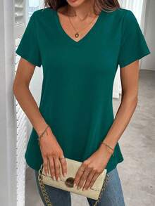 Flexra Women's Casual V-Neck Loose T-Shirt - Green - View 5