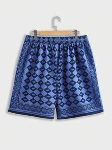 Genlund Bộ áo sơ mi dài tay và quần short in họa tiết tối giản dành cho nam cỡ lớn, thích hợp cho kỳ nghỉ. - Màu xanh lam - Xem 4