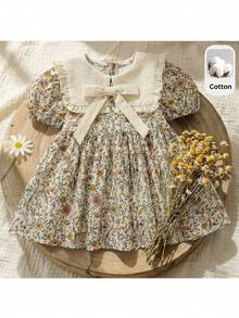 Loomiva Baby Girl Floral Print Color Block Puff Sleeve Cinched Waist Dress, Versatile & Comfortable - Multicolor - View 1
