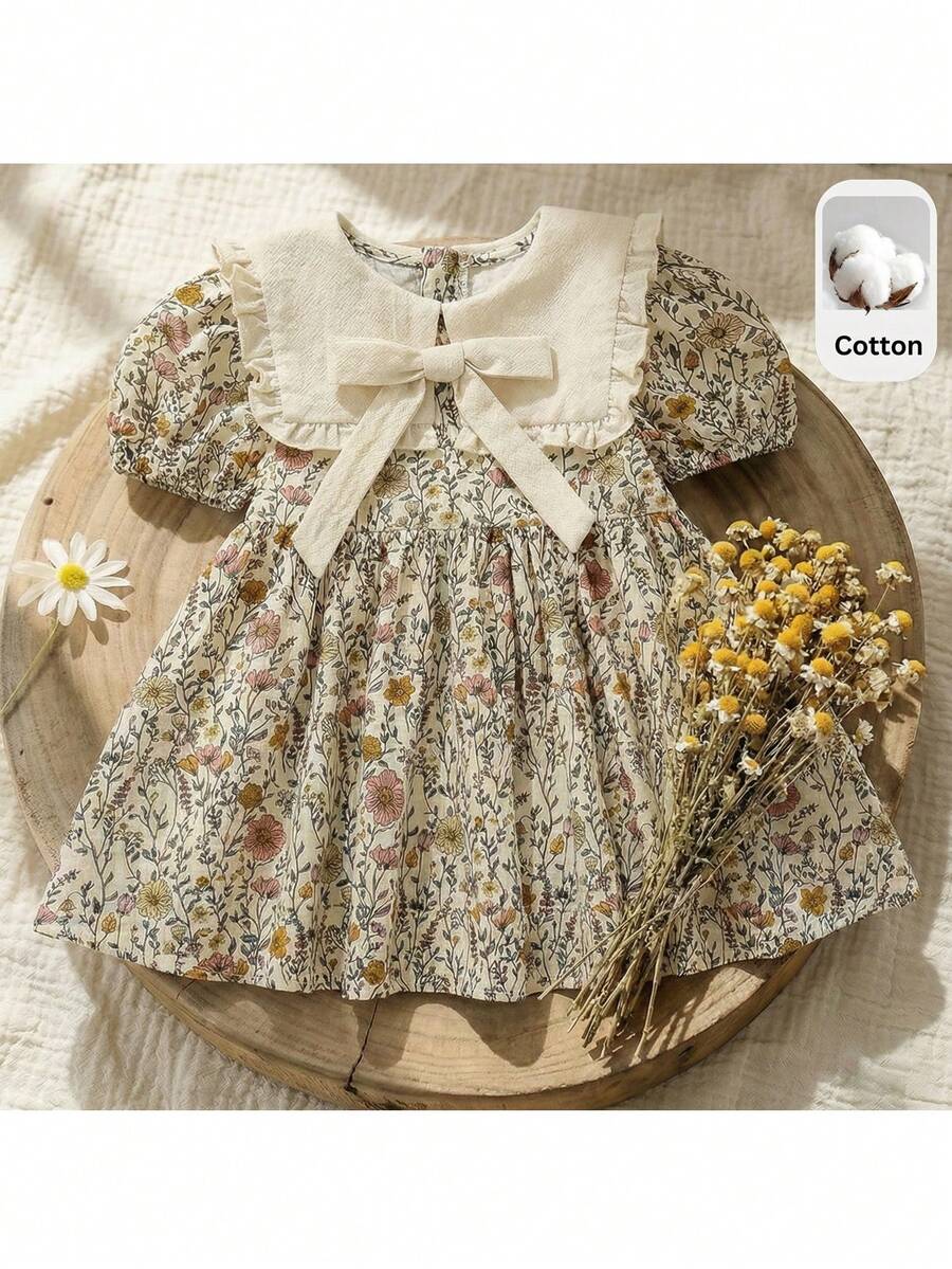 Loomiva Baby Girl Floral Print Color Block Puff Sleeve Cinched Waist Dress, Versatile & Comfortable - Multicolor - View 1