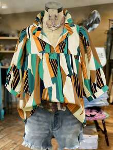 Voyazaga Women's Plus Size Shirt Brown,Autumn,Boho,Vacation,Holiday Retro Random Print Puff Sleeves Stand-Up Collar Front Pleats Ruffled Hem Casual Top Gym - Multicolor - View 1