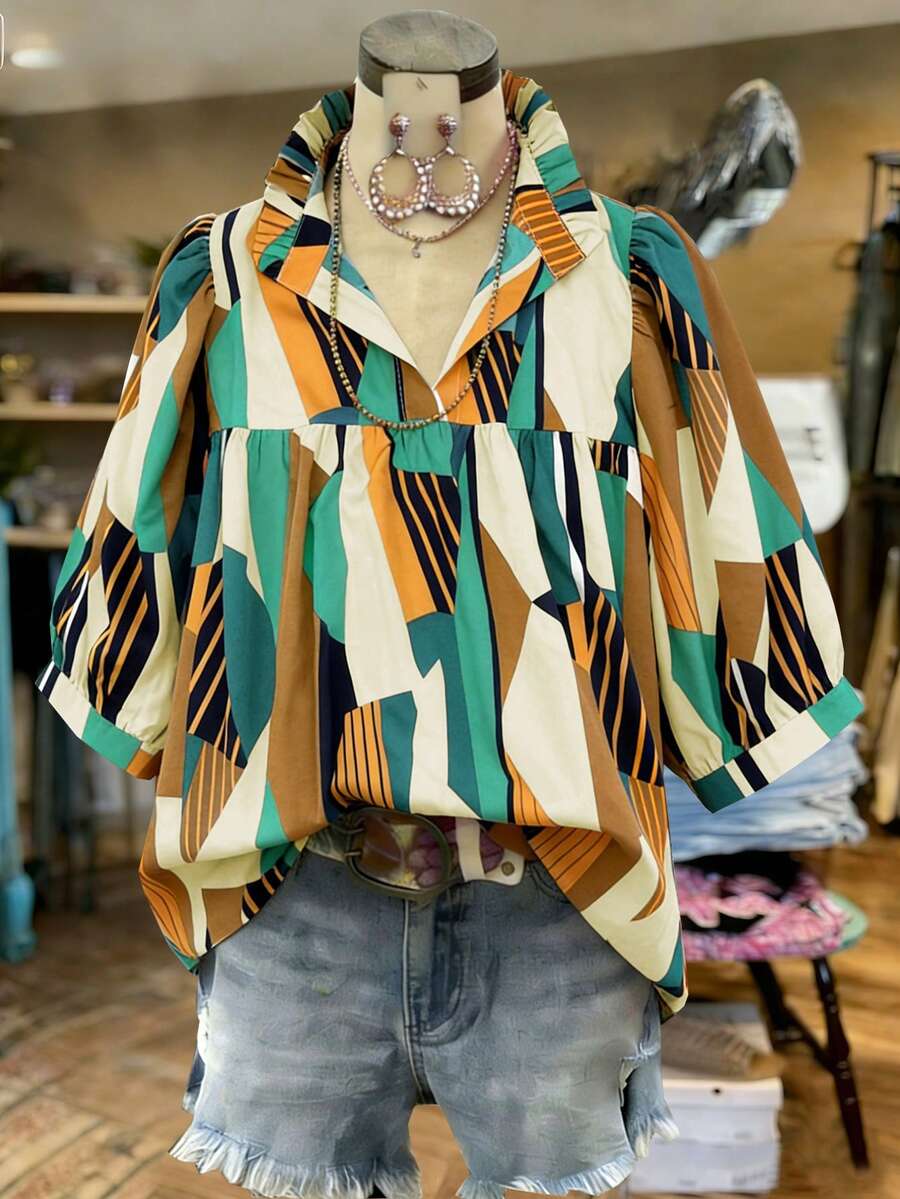 Voyazaga Women's Plus Size Shirt Brown,Autumn,Boho,Vacation,Holiday Retro Random Print Puff Sleeves Stand-Up Collar Front Pleats Ruffled Hem Casual Top Gym - Multicolor - View 1
