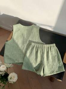 Comfortcana 2026春夏新款100%纯棉绿色蝴蝶结吊带短款两件套，适合冬季、复活节、派对、海滩、婚礼、毕业典礼等场合，风格优雅、休闲、度假、运动、正式、Y2K、商务，饰有亮片、流苏、荷叶边、花朵和图案。 - 綠色 - 查看 2