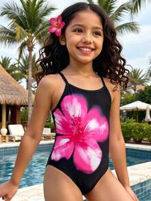 SHEIN Young Girls, Hibiscus, Frangipani, Beach Holiday, Casual Minimalist One Piece Swimsuit Suitable For Summer Beach, Young Girl Swimwear, Vacay Romance, Vacay Vibes - Black - View 3