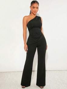 SHEIN SXY Bộ đồ 2 món dành cho nữ cỡ lớn: Áo không tay vạt lệch màu trơn và quần ống loe. - màu đen - Xem 4