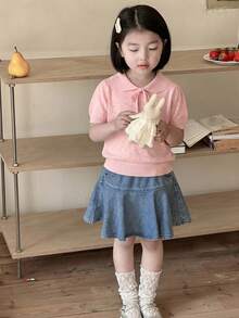 Dazy Kids Áo len tay ngắn cổ buộc nơ dễ thương ngọt ngào dành cho bé gái - Màu Hồng baby - Xem 2