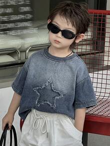 Dazy Kids Toddler Boys' Loose Casual Denim T-Shirt With Star Pattern, Summer - Medium Wash - View 3