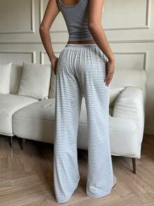 少女夏季休闲度假通勤撞色蕾丝修身短款吊带背心搭配条纹印花抽绳腰阔腿裤套装 - 灰色 - 查看 2