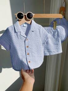 SHEIN 3件套男女宝宝可爱绿色条纹短袖衬衫套装，春夏宝宝服装，复活节服装 - 藍色 - 查看 6