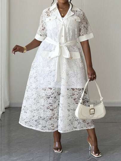 Maweii Plus Size Elegant Sheer Lace A-Line Dress, Short Sleeve