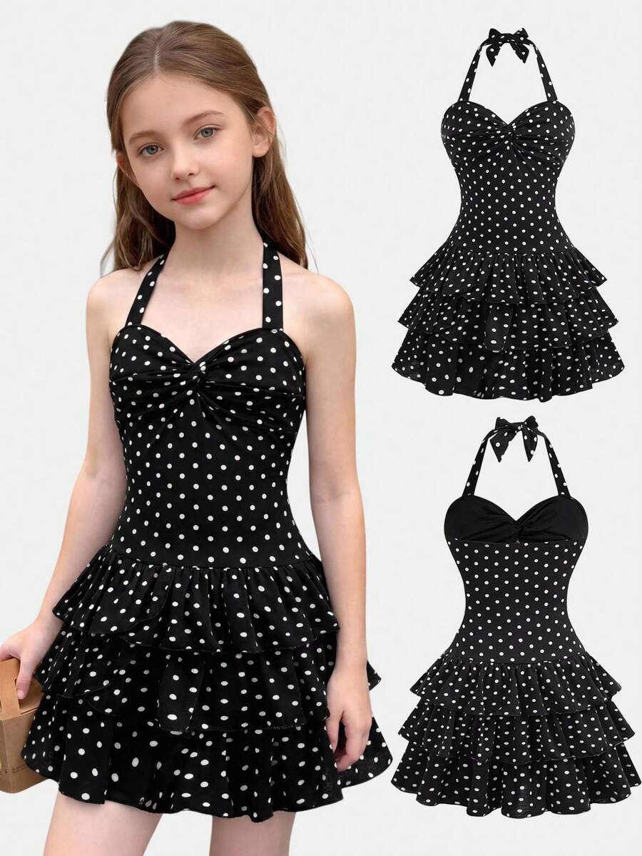 Girlism 少女夏季休闲波点印花前扭结露背连衣裙 - 黑色 - 查看 1