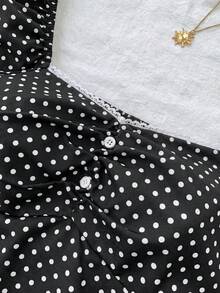 Bộ đồ nữ tuổi teen màu đen trắng, chấm bi xanh navy kiểu retro dáng chữ A với viền bèo nhún, phong cách thường ngày sinh viên. - Nhiều màu - Xem 4