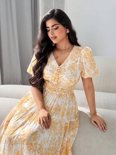Modelyn Women's V-Neck Petal Sleeve Summer Allover Print Waist Ruffle Hem Mid-Length Dress