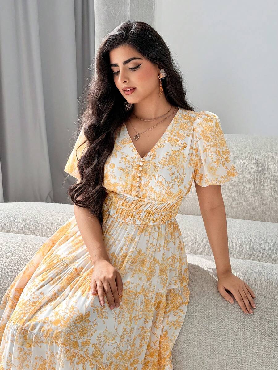 Modelyn Đầm nữ mùa hè cổ chữ V tay cánh hoa in họa tiết toàn thân, eo xếp ly, dài đến đầu gối. - Nhiều màu - Xem 1