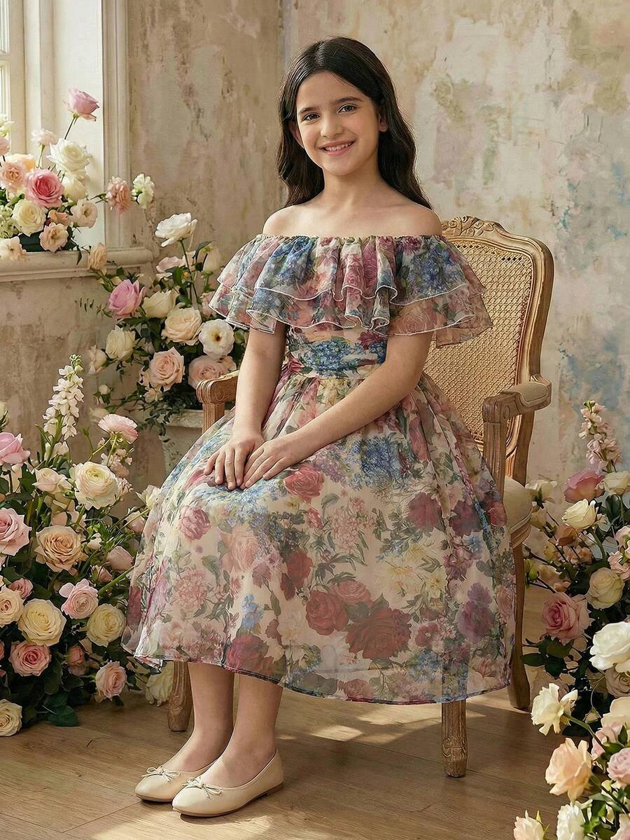 SHEIN Pitira 少女優雅荷葉邊花卉印花收腰中長洋裝 - 彩色 - 查看 1