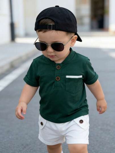 Bộ quần áo bé trai tay ngắn màu trơn dáng thường ngày