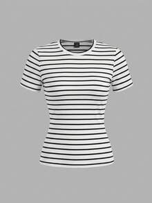 SHEIN EZwear 3件組女款休閒極簡風95%棉圓領修身長袖T恤，94%棉條紋，休閒，夏季，休閒，Y2k - 彩色 - 查看 9