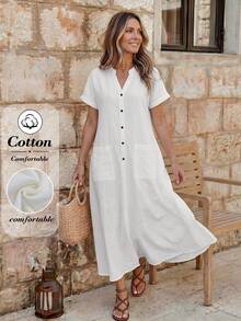 Faunlyn Women's Solid Color V-Neck Short Sleeve Casual Pocket Midi Dress - White - View 8