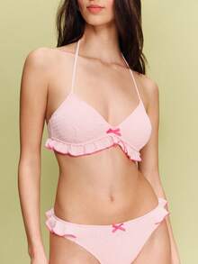 lacRébo Bộ bikini màu hồng xếp nếp với chi tiết tương phản và đường viền nhún bèo, đồ bơi 2 mảnh dễ thương màu hồng cho kỳ nghỉ xuân hè, phong cách Pháp, đồ đi biển kiểu Paris. - Màu Hồng baby - Xem 6