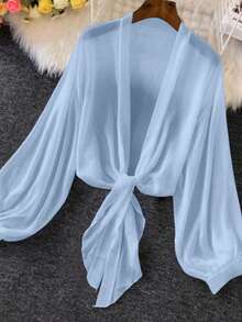 SHEIN Unity Plus Size Women's Spring/Summer Sexy Vacation Style Minimalist Solid Color Lantern Sleeve Deep V-Neck Tie Front Semi-Sheer Blouse - Blue - View 1