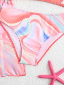 SHEIN Tween Girls 3 Pieces Bikini Sets, Pink Tie-Dye Two-Piece Swimsuit + Matching Mesh Cover-Up Three-Piece Set. New Summer Style, Skin-Friendly And Quick-Drying Swimwear. Side Cutout Design, Drawstring Waist Cover-Up. Stylish Beach Vacation/Pool Outfit. A Must-Have For A Dreamy And Gentle Style. - Hot Pink - View 4