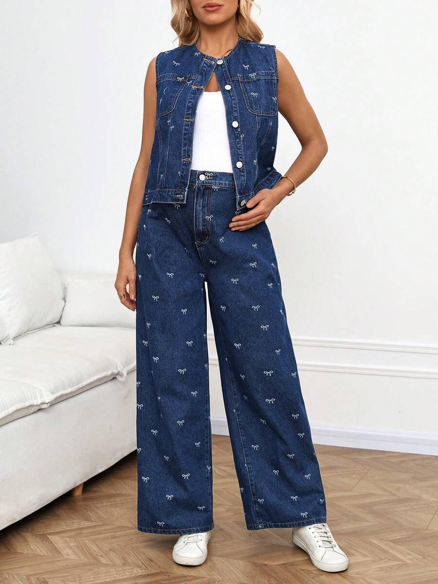 SHEIN Maternity Fashionable Bowknot Tank Top & Denim Pants 2 Pieces Set - Blue - View 1