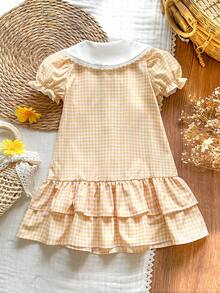 SHEIN Vintaside Kids 女童格子彼得潘领花瓣袖纽扣前开襟休闲连衣裙 - 黃色 - 查看 2