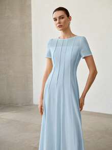 MOTF PREMIUM VESTIDO DE CINTURA ALTA CON FRENTE COSIDO Y VUELO, ESTILO ELEGANTE FRANCÉS - Celeste - Ver 4