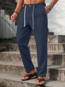 VENTUSAIL Men Solid Drawstring Waist Pants Tapered Long Slacks Linen Cool Plain Going Out, Fall - Navy Blue - View 7