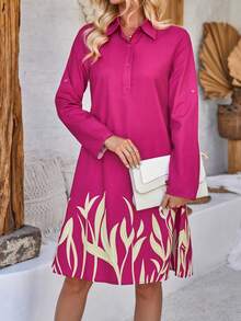 EMERY ROSE Women Holiday Casual Plant Print Roll Sleeve Dress - Hot Pink - View 5
