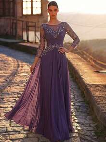 Aureia 优雅奢华的串珠亮片花卉刺绣网纱拼接弹力针织薄纱袖A字连衣裙，适合婚礼、派对、度假、新娘、新娘母亲、晚礼服等场合。 - 紫色 - 查看 8