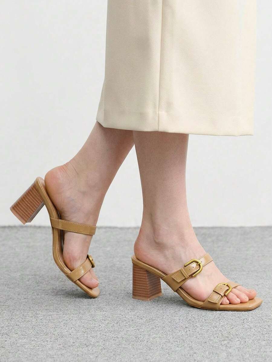 CUCCOO BIZCHIC 方头方跟极简主义女士高跟凉鞋，日常穿着度假鞋，夏季必备 - 杏色 - 查看 1