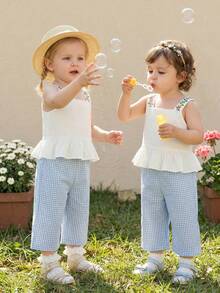 Souflis Souflis 2pcs/Set Baby Girls' French Style Summer Outfit, Includes Spaghetti Strap Ruffle Trim Tank Top And Plaid Print Pants, Fashionable And Sweet, Suitable For Casual, School And Other Occasions - Multicolor - View 3