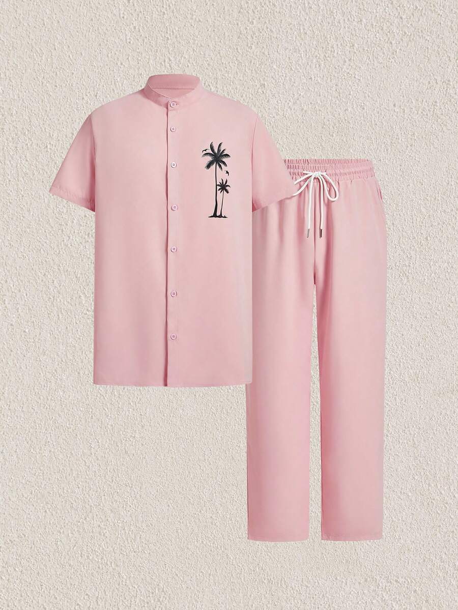 Mercer Haus 男士亚麻棕榈树印花单排扣短袖衬衫和抽绳裤套装，舒适服装