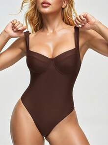 Shapewave Women's Sexy Backless One-Piece Swimsuit, Solid Color, Wire Bra, Tie-Up, Suitable For Beach & Holiday - Brown - View 4