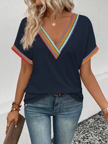EMERY ROSE Women's Spring/Summer New Contrast Color Retro Printed V-Neck Short Sleeve Cuffed Casual Versatile T-Shirt - Multicolor - View 4
