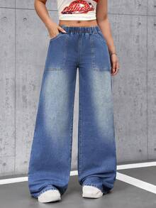 SHEIN Tall Quần jeans nữ ống rộng, cạp chun, có túi, dáng rộng, thoải mái, kiểu dáng thường ngày. - Màu xanh lam - Xem 6
